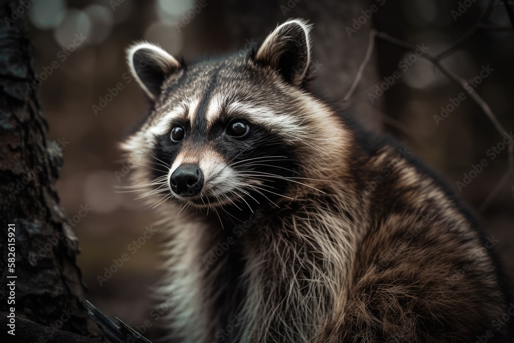 Cute Raccoon (solo) gazing forward in a springtime Canadian park while seated in a tree with no leaves. Generative AI