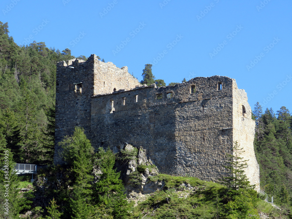 Belfort Ruins or Belfort Castle (Burg Belfort oder Burgruine Belfort) over the river Albula or Alvra, Surava - Canton of Grisons, Switzerland (Kanton Graubünden, Schweiz)