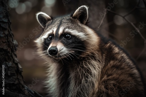 Cute Raccoon (solo) gazing forward in a springtime Canadian park while seated in a tree with no leaves. Generative AI