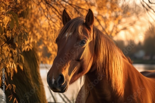 a Hannover horse on a willow tree. Generative AI