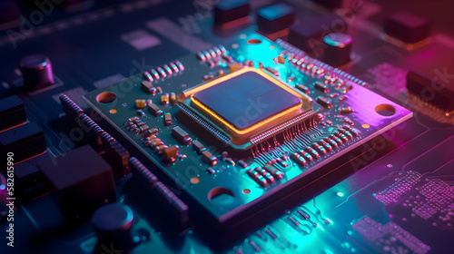 CPU, circuit board. Black motherboard ,chip, neon lights 