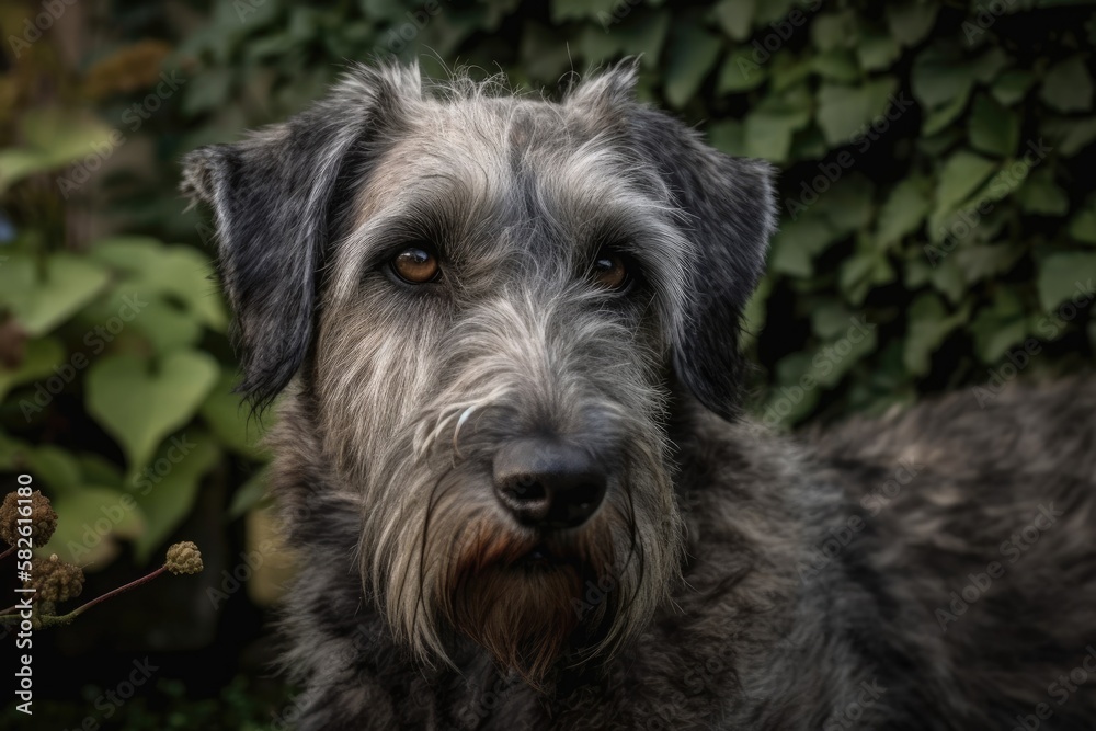 Beautiful grey Irish wolfhound dog posed for a portrait in the garden. Happy gray and black puppy in closeup. Generative AI