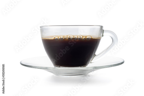 Hot coffee in a transparent glass cup isolated with clipping path on white background.