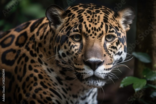 A Jaguar, Panthera onca, in Guatemala, Central America, seen up close. Generative AI © AkuAku