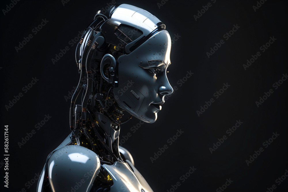 AI robot woman with beautiful black base color. generative Ai technology AI robot woman with beautiful black base color. generative Ai technology