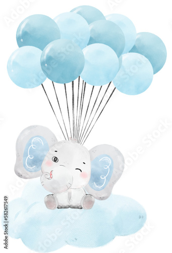 cute baby Elephant wild life animal dream blue baby shower nursery art watercolour illustration © Natsicha