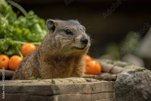 Hyrax at the carrot trough in the Cottbus Animal Park. Generative AI photo