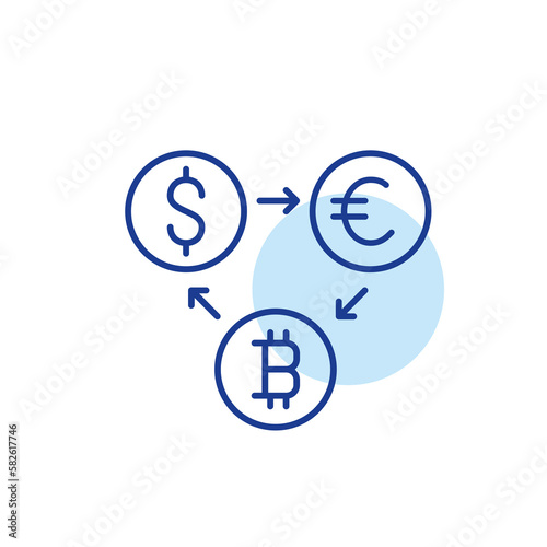 Currency conversion. USD to euro to bitcoin. Cryptocurrency financial operations. Pixel perfect, editable stroke design