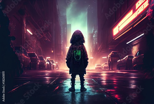 Back view of lost child was standing in the middle of a street with hoodie costume in the cyberpunk dark city background. People and lifestyles concept. Digital art illustration. Generative AI