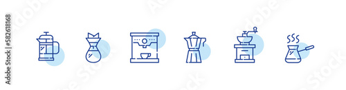 Coffee making techniques and equipment. French press, espresso machine, moka pot, coffee grinder and cezve. Pixel perfect, editable stroke design icons set
