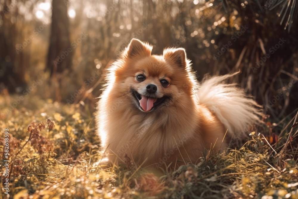 Pomeranian Dog Playing on a Sunny Day. Generative AI Pomeranian Dog Playing on a Sunny Day. Generative AI