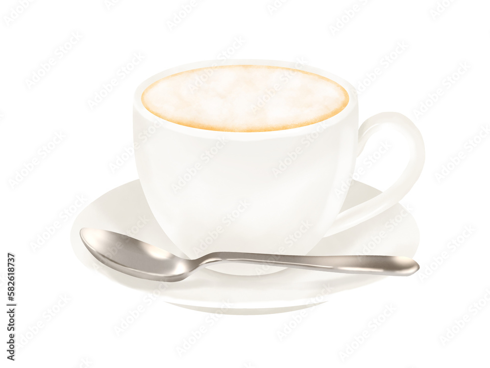 カプチーノもしくはカフェラテ(コーヒーカップ、ソーサー、スプーン) カプチーノもしくはカフェラテ(コーヒーカップ、ソーサー、スプーン)