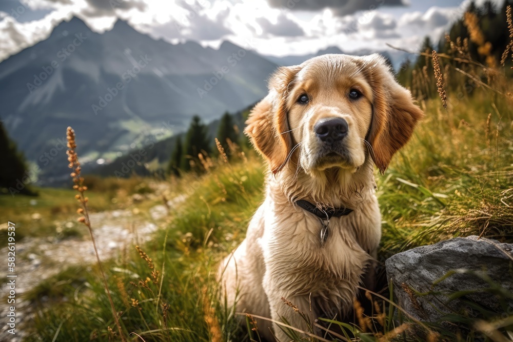 Golden retriever puppy dog in a mountain meadow, Italy, Lombardy, Alps, alpine scene with snow capped mountains. Generative AI