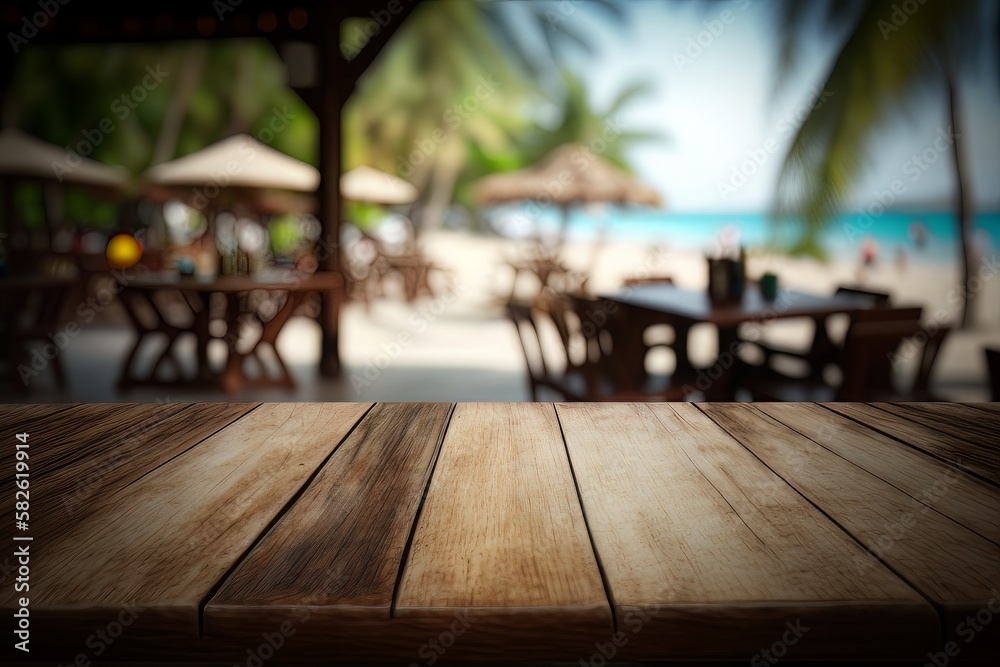 A vacant wooden table with a dreamy, blurred tropical restaurant scene in the background - Generative AI