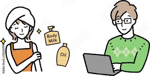 大人の趣味　ボディケアする女性　パソコンを操作する男性