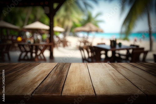 A vacant wooden table with a dreamy, blurred tropical restaurant scene in the background - Generative AI © Kishore Newton