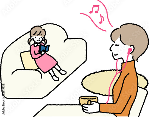 リビングで過ごす家族　読書する娘と音楽を聴くお母さん