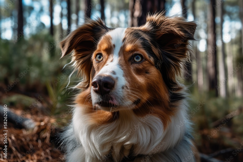 Naturalistic portrait of an Australian Shepherd dog in a pine woodland against a blue sky. Aussi on a summer afternoon walk through the woods on the route. a canine with blue eyes. Generative AI