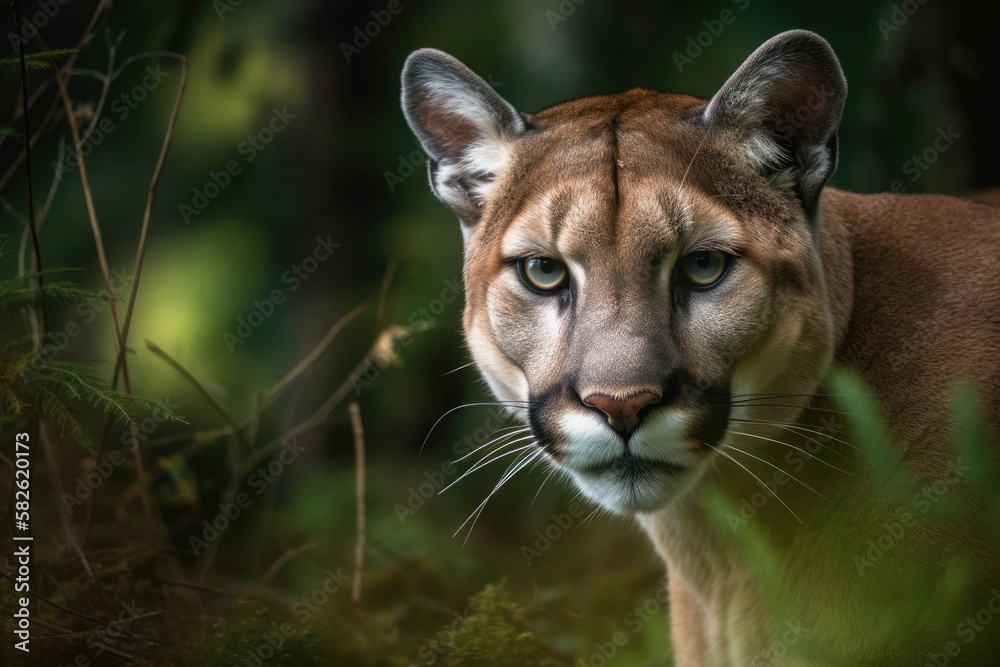Gorgeous Puma in wildlife portrait. Mountain lion, puma, panther, and  cougar. Dangerous Posing in a hunting stance amid a lush woodland.  Generative AI Stock Illustration | Adobe Stock
