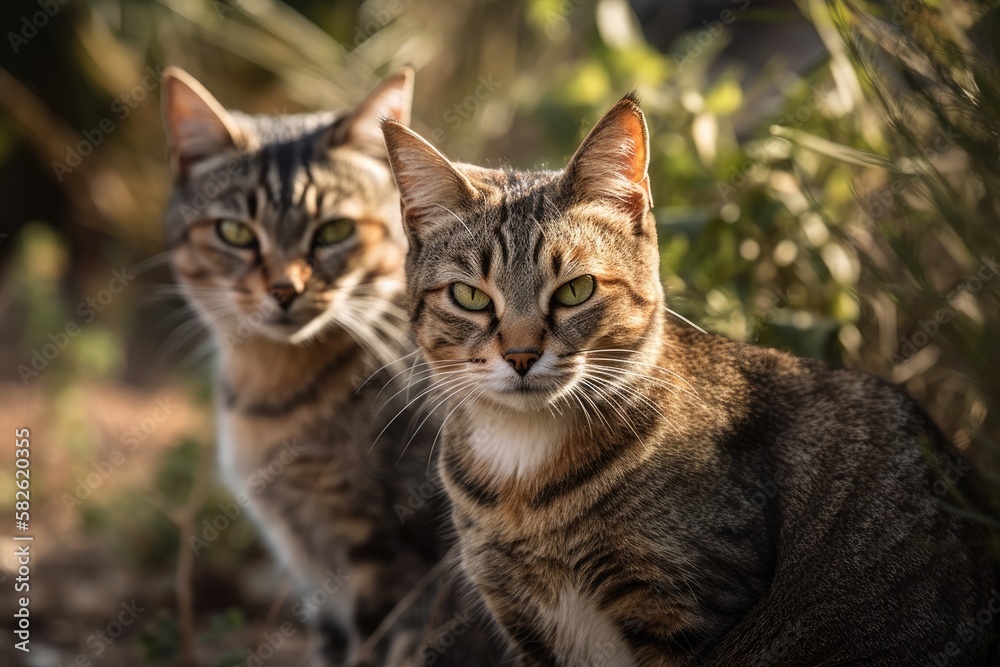 With a serious expression, two separate gorgeous cats play on a grassy path in the middle of the summer sun. Generative AI With a serious expression, two separate gorgeous cats play on a grassy path in the middle of the summer sun. Generative AI