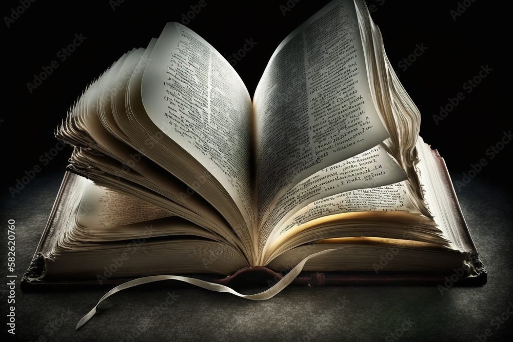 holy bible. An open book is reflected in table. Book as a symbol of