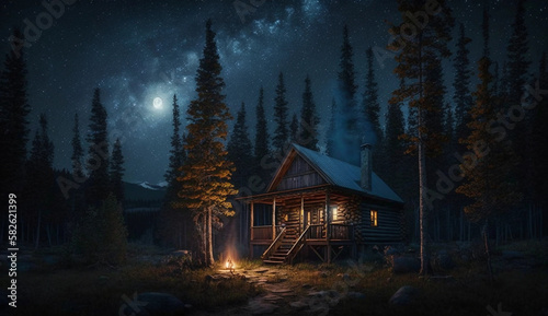 Cabin in the Woods under Starry Night Sky