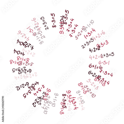 Solve examples. Round pattern of randomly placed different mathematical examples. Adding, subtraction, multiplying and dividing. Color school template, mathematics poster. Vector illustration