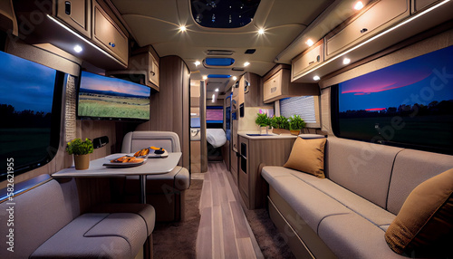 Vehicle recreational interior in wooden view of motorhome modern camper rv van