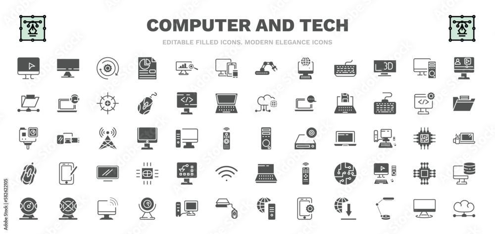 set of computer and tech filled icons. computer and tech glyph icons such as computer monitor, circular de, responsive de, pc with monitor, save file, pc tower, industrial, wireless connectivity,