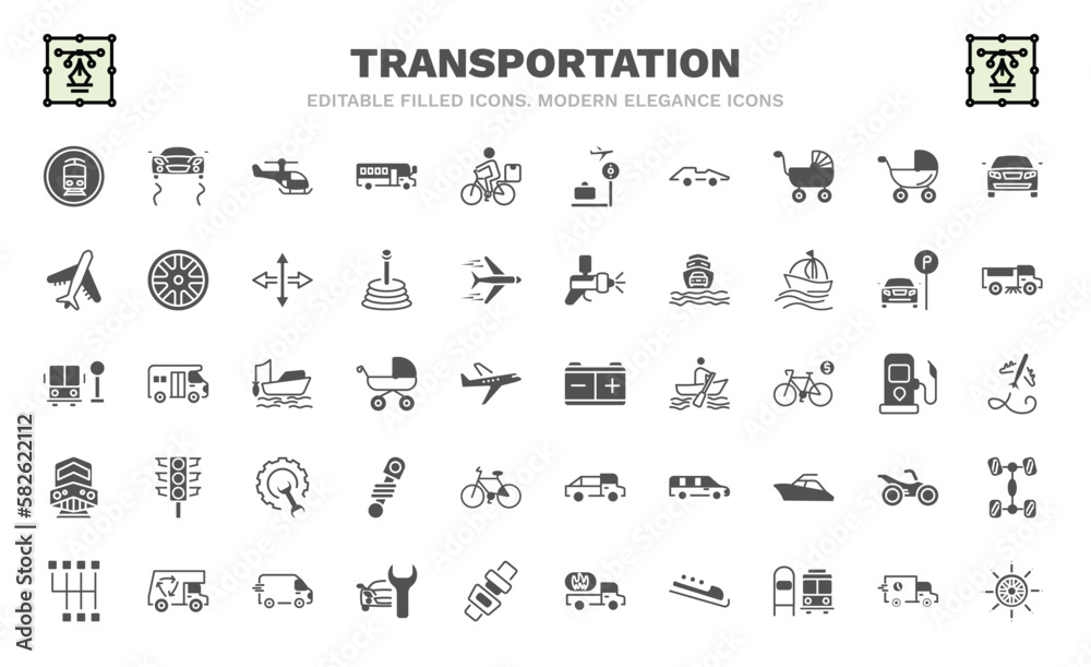 set of transportation filled icons. transportation glyph icons such as tram stop label, small helicopter, formula 1, air transport, school bus stop, workshop repair, diesel train, shift, ship wheel