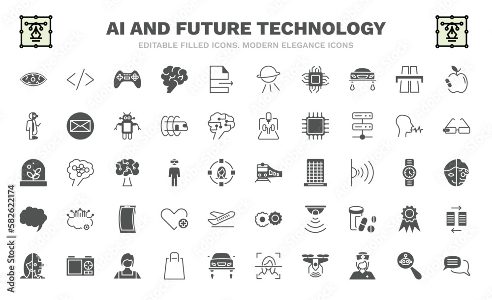 set of ai and future technology filled icons. ai and future technology glyph icons such as smart lens, gaming, chip, robots and humans, artificial atmosphere, train, speech bubble, humanoid, speech set of ai and future technology filled icons. ai and future technology glyph icons such as smart lens, gaming, chip, robots and humans, artificial atmosphere, train, speech bubble, humanoid, speech