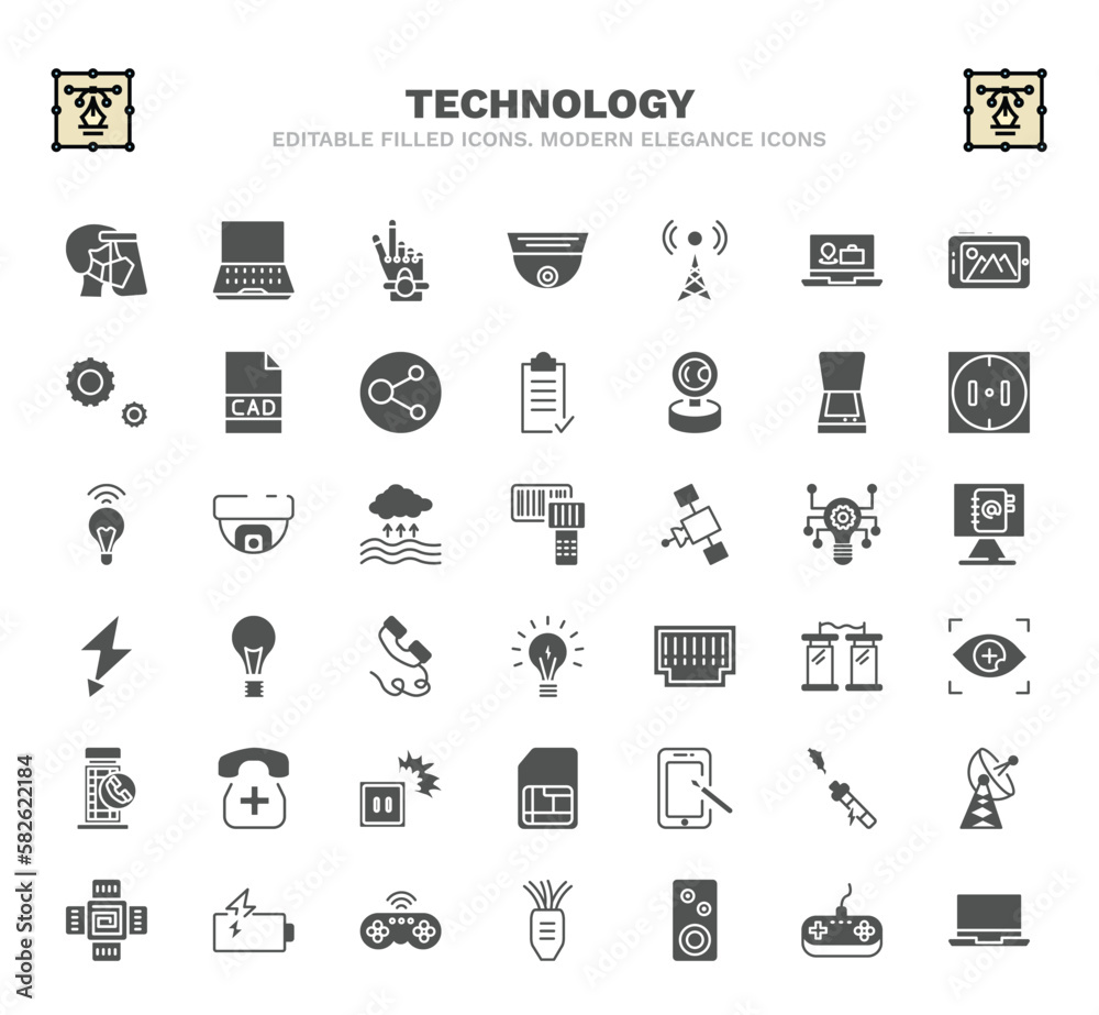 set of technology filled icons. technology glyph icons such as face shield, robotic hand, cell tower, scanner with cover, portable scanner, light bulb turned off, contact lens, digital pen, wireless