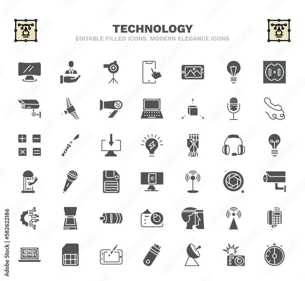 set of technology filled icons. technology glyph icons such as lcd screen, pitching hine, tablet with picture, radio microphone, light on, basic microphone, security cam, face shield, digital pen
