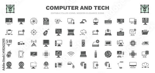 set of computer and tech filled icons. computer and tech glyph icons such as computer monitor, circular de, responsive de, pc with monitor, save file, pc tower, industrial, wireless connectivity,