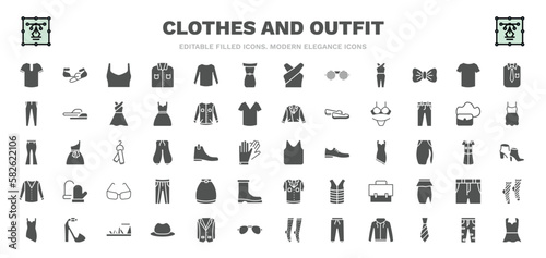 set of clothes and outfit filled icons. clothes and outfit glyph icons such as henley shirt, draped top, off the shoulder dress, cotton polo shirt, lingerine, jersey blazer, circle skirt, gladiator