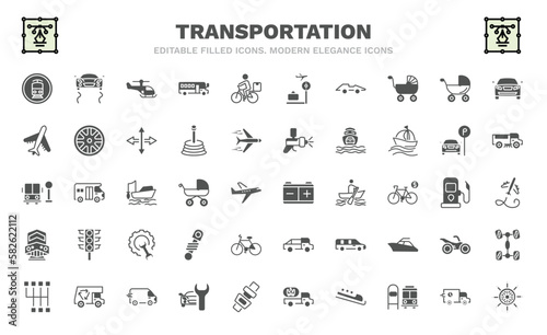 set of transportation filled icons. transportation glyph icons such as tram stop label, small helicopter, formula 1, air transport, school bus stop, workshop repair, diesel train, shift, ship wheel