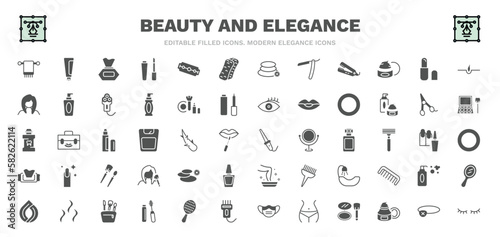set of beauty and elegance filled icons. beauty and elegance glyph icons such as folded towel, wipes, bath sponge, inclined lipstick, 1642645100876100-28.eps,,,,,, curlers, three stones, little