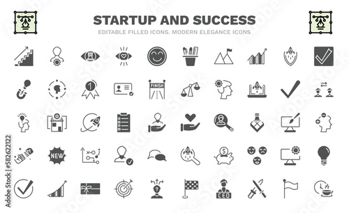 set of startup and success filled icons. startup and success glyph icons such as career ladder, strategic vision, overcome, idea magnet, startup head, care, rivalry, accept, coffee break vector.