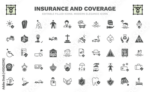 set of insurance and coverage filled icons. insurance and coverage glyph icons such as ship insurance, retirement, drown, accident, disabled, marriage contract, puncture in a wheel, investment