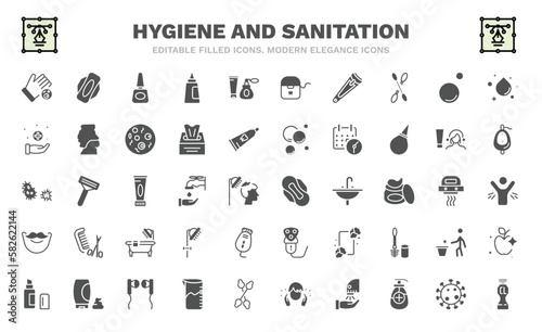 set of hygiene and sanitation filled icons. hygiene and sanitation glyph icons such as drying hands, varnish, nail clippers, sanitary, parasite, sanitary napkin, beardy, lip balm, chlorine vector.