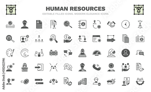 set of human resources filled icons. human resources glyph icons such as approved, resume, change management, job, art, working, behavioral competency, grievance, teamwork vector.