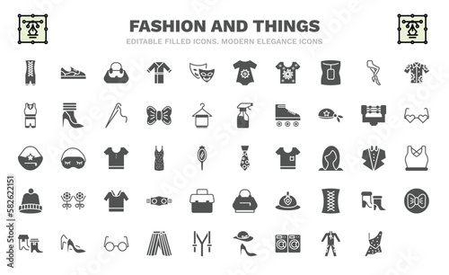 set of fashion and things filled icons. fashion and things glyph icons such as bandages, woman bag, t shirt with flowers, sportswear, handbag elegant de, stripped tie, knit hat, black and white,