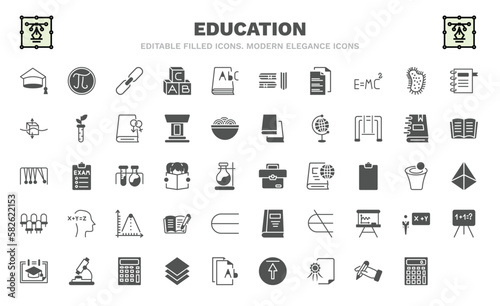 set of education filled icons. education glyph icons such as college graduation, binding, folded written paper, archimedes principle, 1642647123515100-79.eps,,,,"|,|",, florence flask, 3d de, math