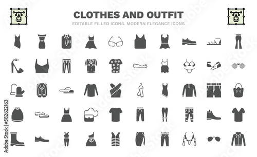 set of clothes and outfit filled icons. clothes and outfit glyph icons such as cocktail dress, collarless cotton shirt, peplum top, platform sandals, wool gloves, scarf on hanger, circle skirt, wool