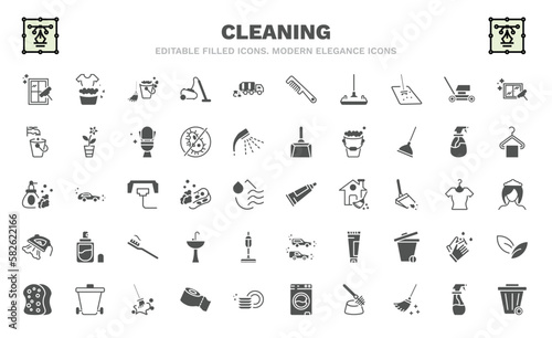 set of cleaning filled icons. cleaning glyph icons such as clean window, mop cleanin, wiping vacuum tool, faucet cleanin, wiping soap, toothpaste, wiping iron, sponge tool, trash vector.