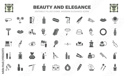 set of beauty and elegance filled icons. beauty and elegance glyph icons such as eye patch, patches, tweezers, disposable razor, eye shadow, hair, liquid lipstick, barber shop, nail polish vector.