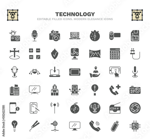 set of technology filled icons. technology glyph icons such as camera flash, vintage digital camera, half hour, basic calculator, horizontal tablet, lcd screen, photograph camera, recording,