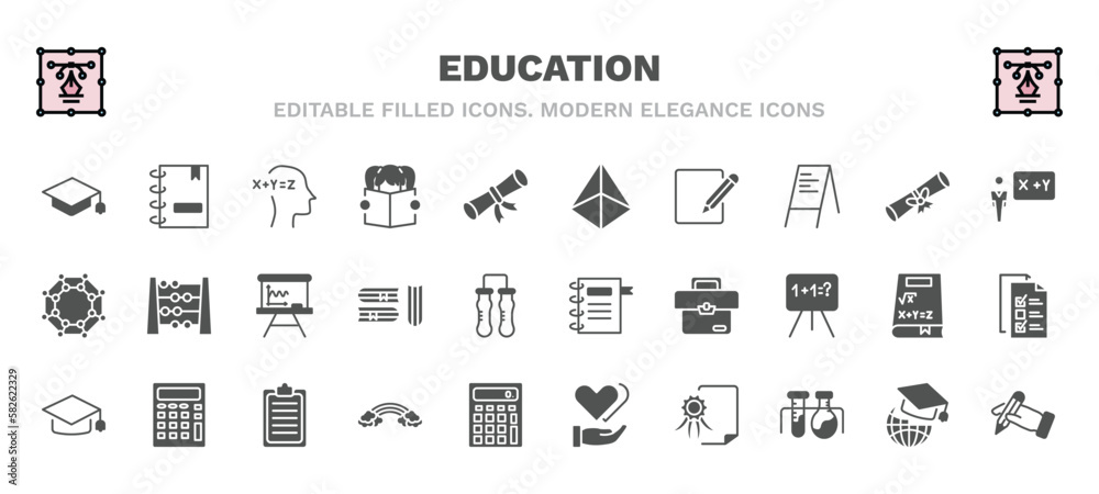 set of education filled icons. education glyph icons such as graduation mortarboard, equation, 3d de, teacher giving lecture, writing whiteboard, school agenda, graduate cap, basic rainbow, diploma