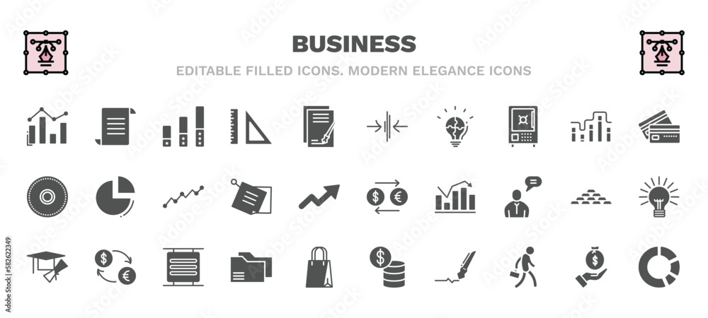 set of business filled icons. business glyph icons such as bar diagram ...