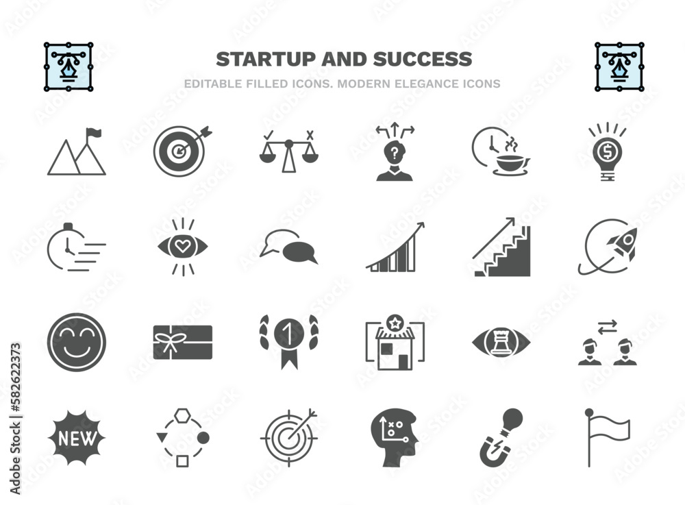 set of startup and success filled icons. startup and success glyph icons such as overcome, decision, coffee break, attractive, career ladder, gift voucher, strategic vision, adaptation, strategical set of startup and success filled icons. startup and success glyph icons such as overcome, decision, coffee break, attractive, career ladder, gift voucher, strategic vision, adaptation, strategical